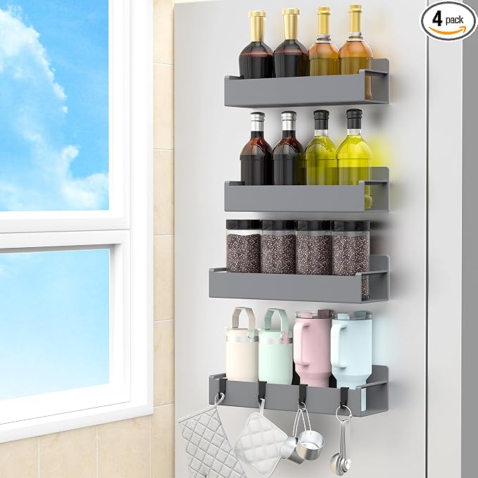 HuggieGems 4 Pack Magnetic Spice Rack Organizer for Refrigerator and Oven, Dark Grey Fridge Organizers and Storage for Kitchen by HuggieGems
