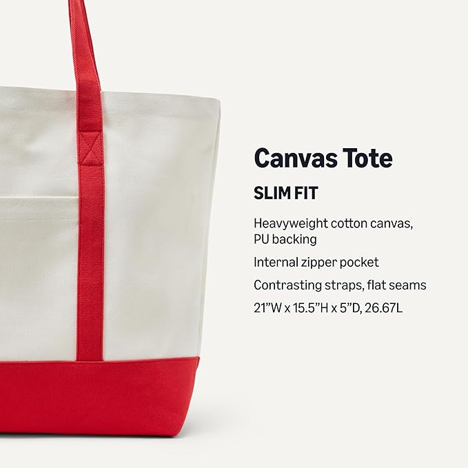 Amazon Essentials Unisex Adults' Large Heavy Duty Canvas Beach Tote Bag, Natural/Red, One Size - Image 2