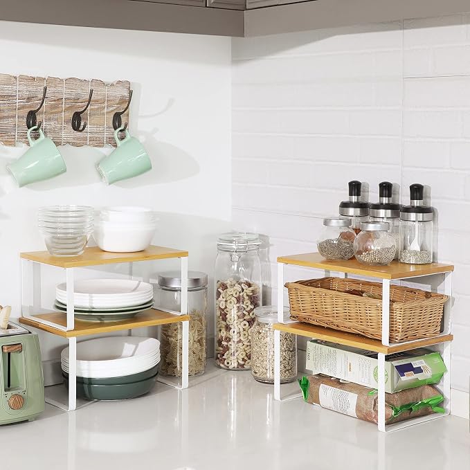 SONGMICS Cabinet Organizer Shelf, Set of 4 Spice Rack, Kitchen Storage | Kitchen Storage, Spice Rack, Steel and Bamboo, White and Yellow, BYSTRO Collection UKCS010N01 - Image 8