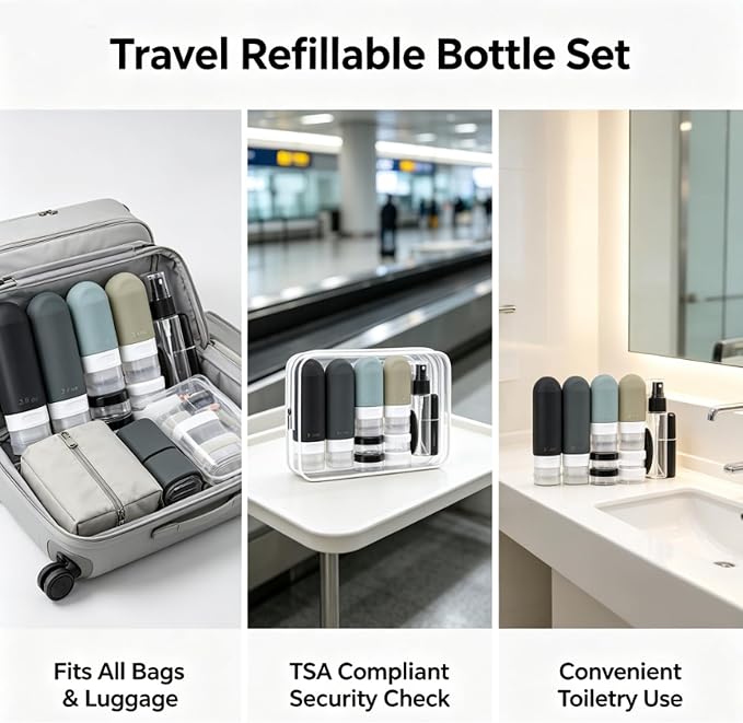 24 Pack Travel Bottles for Toiletries -TSA Approved Leak Proof Silicone Set | Refillable Travel Size Containers Kits with Perfume Spray Bottle for Shampoo, Conditioner, Lotion, Cosmetic (Black) - Image 6