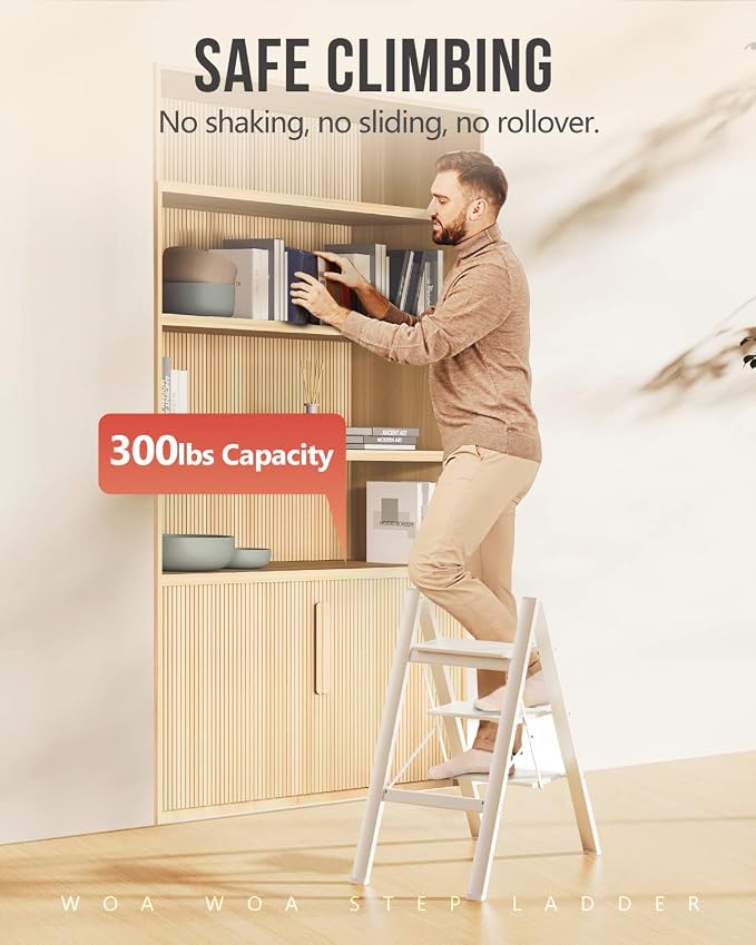 3 Step Ladder, Foldable Step Stool, 300lbs Load, White | Folded 35''H x 2''T; Net 8 lbs; Rigid Aluminum Steps; No Assembly; For Home, Kitchen, Office, Pantry, Closets, Cabinets - Image 2