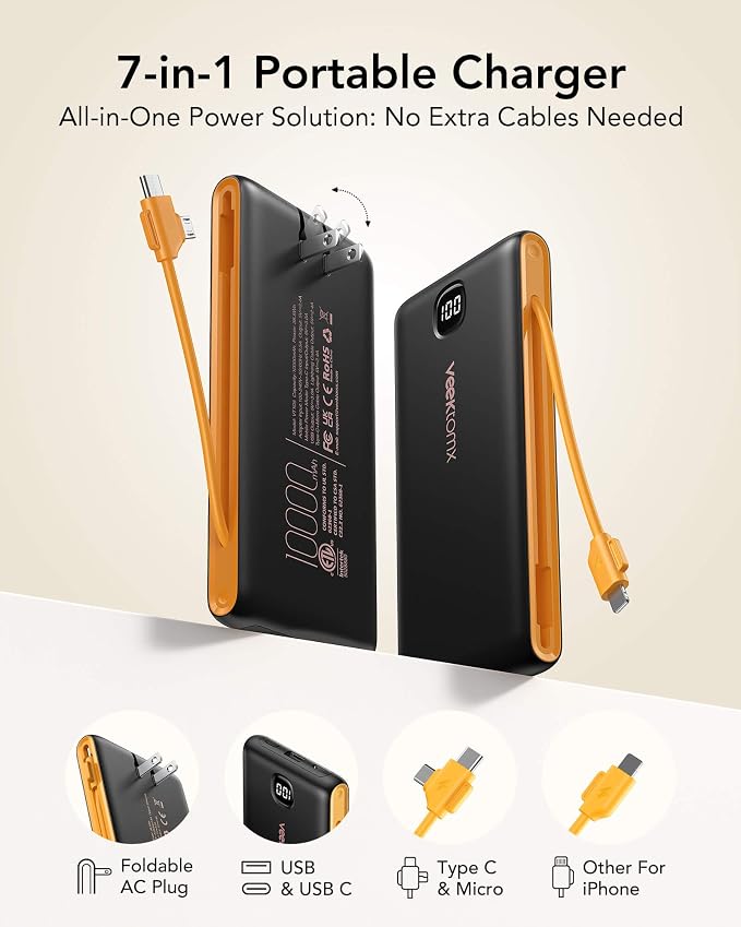 VEEKTOMX Portable Charger with Built-in Cables and AC Wall Plug, 10000mAh | Pocket-Size Travel Power Bank with USB-C and Micro-USB Cables for up to 4 Devices Include iPhone, iPad, Samsung, Black Yellow - Image 3