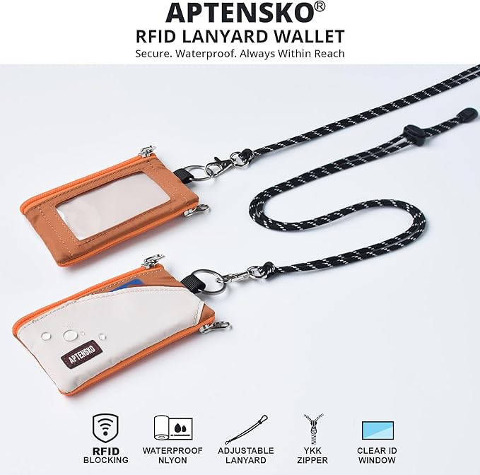 RFID Blocking Travel Wallet with Adjustable Lanyard, Small Nylon Zipper Pouch and Badge Holder for ID, Credit Cards, Cash, Keys, Commuters (Almond+Rust) - Image 2
