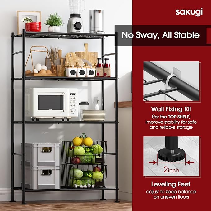 Sakugi Storage Shelves - 4 Tier Shelf Organizer, Heavy Duty Garage Shelving Unit with Leveling Feet, Stable Metal Shelves Organizer for Pantry, Kitchen and Closet, 33.0" W x 12.6" D x 57.2" H, Black - Image 5