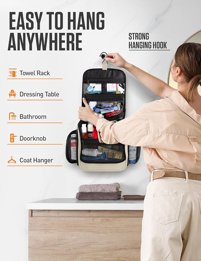 VENTURE 4TH Hanging Travel Toiletry Bag, 18 Compartments - Beige | Hangs on rails, hooks or doors; stands upright. Removable TSA pouch. Water-resistant Nylon 290D Twill, reinforced stitching. - Image 4