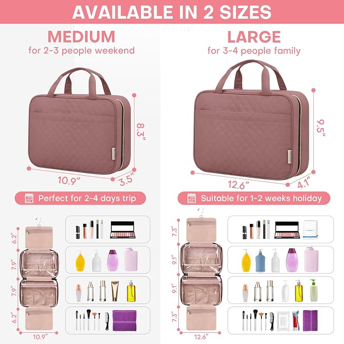 HXLGMD Travel Size Toiletry Bag for Women, Portable Cosmetic Bag with Hanging Hook, Travel Essentials Water-resistant Makeup Organizer for Accessories, Shampoo, Full-size Container, Toiletries - Image 2