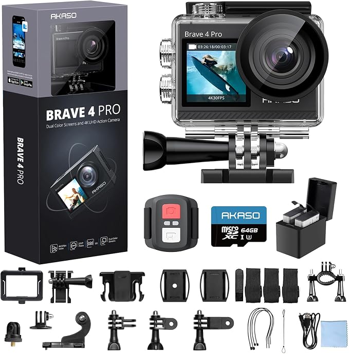 AKASO Brave 4 Pro Action Camera 4K with 64GB MicroSD U3 Card Bundle | 131FT Underwater Waterproof Camera 20MP EIS Touch Screen WiFi 5X Zoom with 2x1350mAh Batteries and Helmet Accessories Kit by AKASO