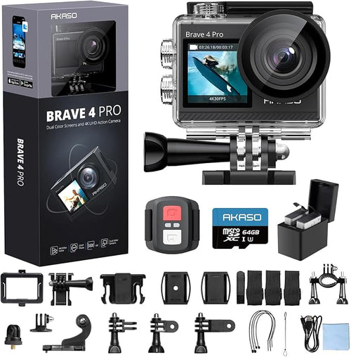 AKASO Brave 4 Pro Action Camera 4K with 64GB MicroSD U3 Card Bundle | 131FT Underwater Waterproof Camera 20MP EIS Touch Screen WiFi 5X Zoom with 2x1350mAh Batteries and Helmet Accessories Kit by AKASO