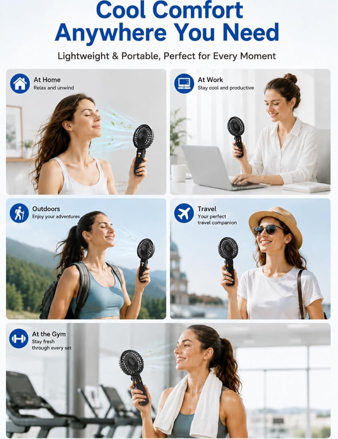 Portable Mini Fan, Quiet Foldable Fan with Lanyard (Black) | 4 Speeds, 15H Rechargeable Battery, Portable Pan for Travel, Home, Office, Outdoor, Makeup, Women, Men, Black - Image 7