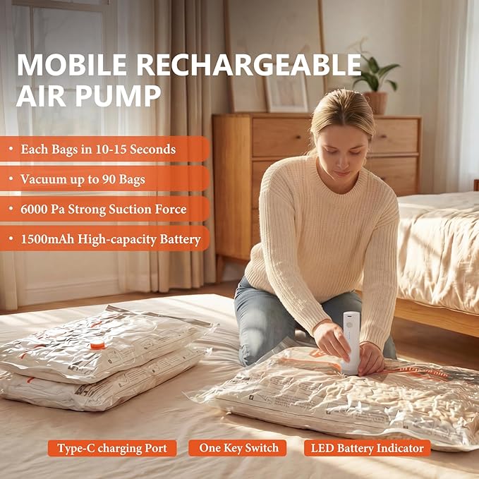 18 Pcs Vacuum Bags for Travel with Rechargeable Air Pump,Space Saver Bags | Carry-on Size Compression Packing Bags for Luggage and Suitcase,Space Saver for Clothes - Image 4