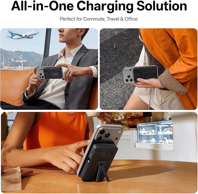 Q Magnetic Wireless Portable Charger 10,000mAh, Travel Essentials Power Bank with Built-in Cables & Foldable Stand, External Battery Pack Compatible with iPhone 17/16/15/14/13/12, Apple Watch - Image 3
