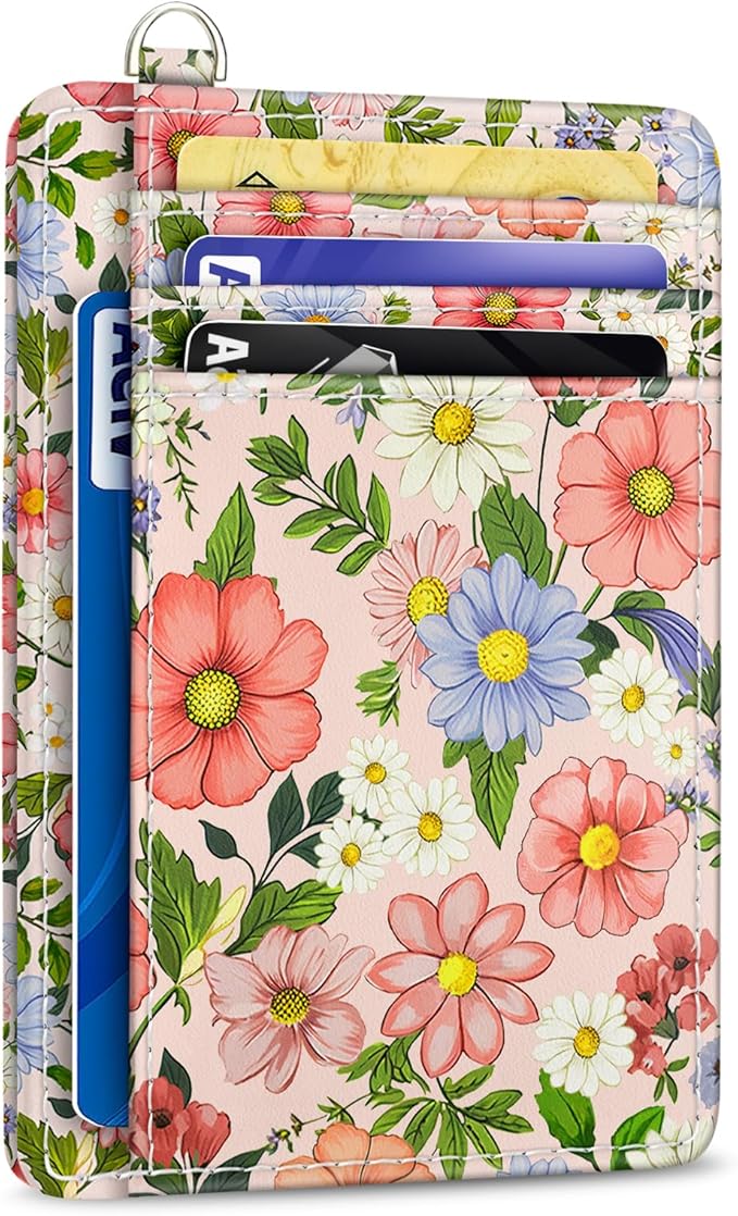Yonlevres Floral Credit Card Holder Slim RFID Wallet Women Small Travel | Front Pocket, Handy, RFID Blocking, Woman Girls Ladies Gifts, D-ring for Keychain,Thin Mini Card Case, ID Window, PU Leather by Yonlevres