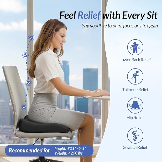 Ergonomic Seat Cushion with Thigh Slope for Long Sitting Comfort | Memory Foam Office Chair Cushion for Car, Home, U-Shaped Design Relieves Hip, Tailbone Pain, Sciatica Pain Relief, Non-Slip - Image 2