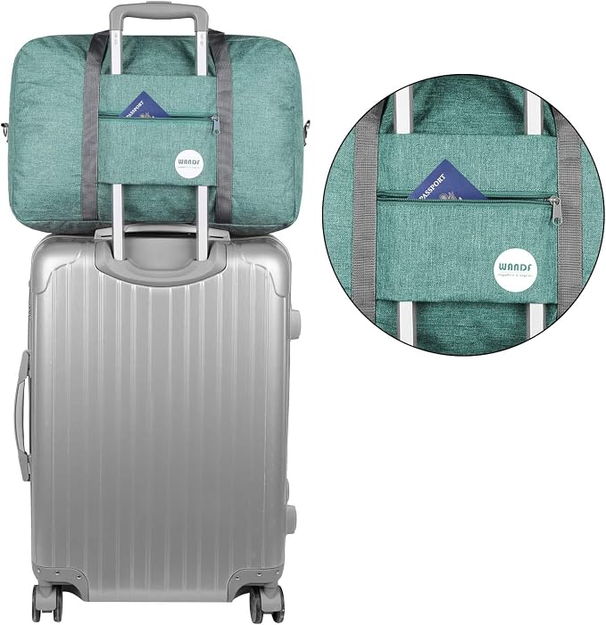 WANDF Foldable Travel Duffel Bag Luggage Sports Gym Water Resistant Nylon (E-Denim Green with Strap) | 18x14x8 inches, Airline Underseat Aprroved, Weekend Overnight Trips, Lightweight Packable - Image 4