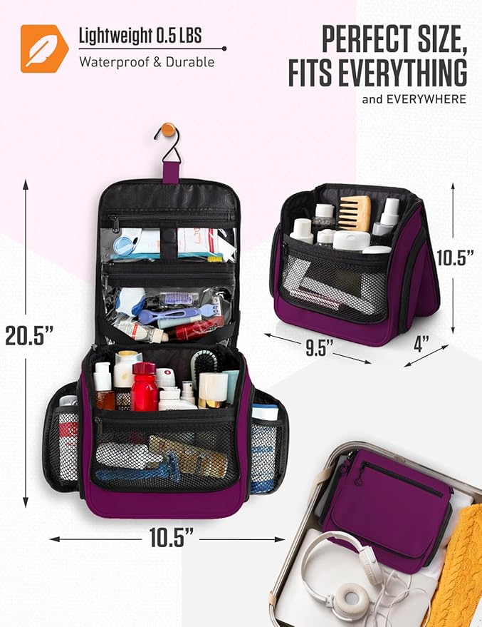 VENTURE 4TH Hanging Travel Toiletry Bag, 18 Compartments - Purple | Hangs on rails, hooks or doors; stands upright. Removable TSA pouch. Water-resistant Nylon 290D Twill, reinforced stitching. - Image 2
