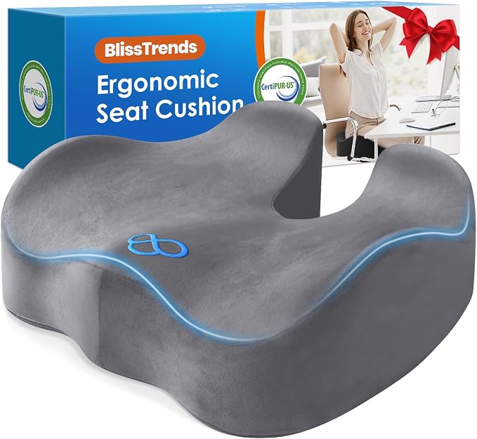 BlissTrends Memory Foam Seat Cushion for Office Chair & Car Seat, LightGrey | 4.7in Ergonomic Tailbone & Sciatica Support with Removable Velvet Cover for Pressure Relief and Long Sitting Comfort by BlissTrends
