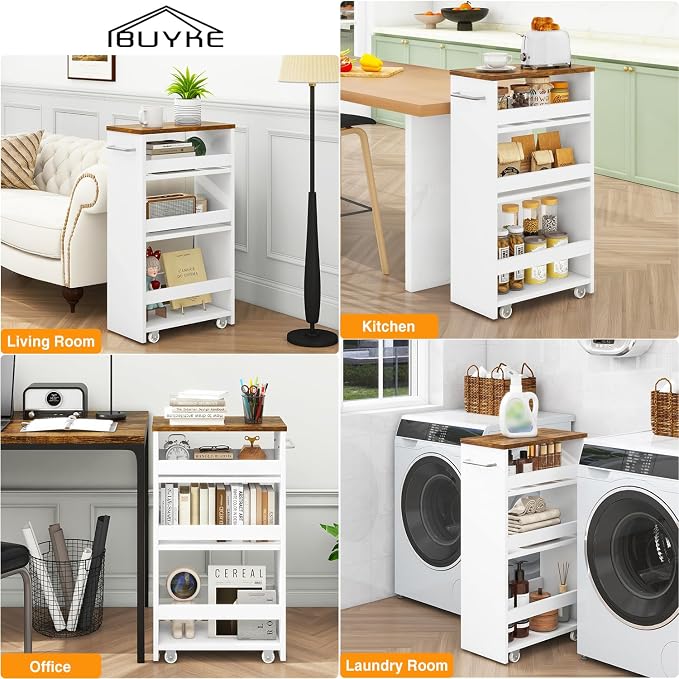 IBUYKE Slim Storage Cart Skinny Rolling Cart Utility Trolley UWST005W-L | 4-Tier,7.9" Narrow, with Handle & Lockable Wheels, for Kitchen Laundry Room Bathroom, Small Spaces,Space-Saving - Image 7