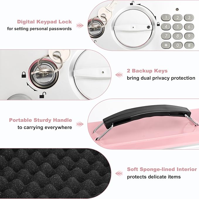 KYODOLED Pink Safe Box with Digital Keypad Lock, Lock Box with Code for Personal Items, Metal Security Box for Cash, Passport, Jewelry, Ideal for Home, Office, Garage Sale, 11.8'' x 9.4'' x 3.5'' - Image 4