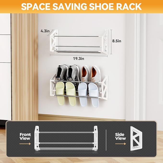 3 Pack Wall Mounted Shoe Rack, No Drill Adhesive & Screw 2-in-1 Holds 12 Pairs, Space-Saving Vertical Storage for Entryway, Bathroom & Kitchen, Renter Friendly Fits Tile Marble Glass Wood Wall (White) - Image 3