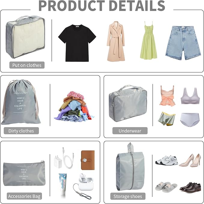 12PCS Packing Cubes for Suitcases, Travel Luggage Organizer Bags, Packing Cubes Luggage Packing Organizers for Travel Accessories, Grey - Image 4