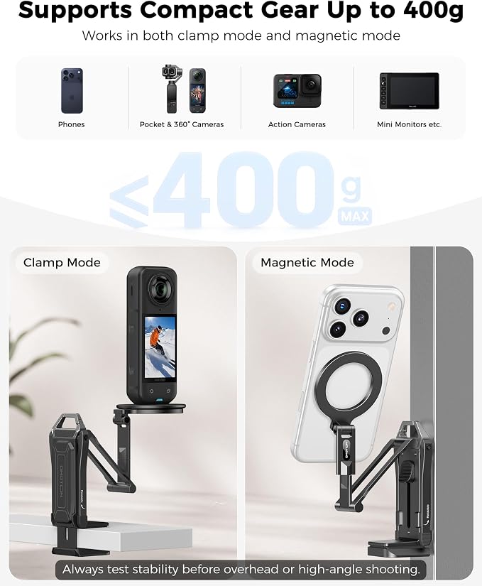 OMOTON TP02-Ultra Magnetic Action Camera Mount for DJI/GoPro iPhone, Black | Arca-type Adapter with 1/4" Screw, 4 in 1 Phone Tripod for Travel Vlog, Adjustable & Swivel, for iPhone 12-17 Series - Image 7