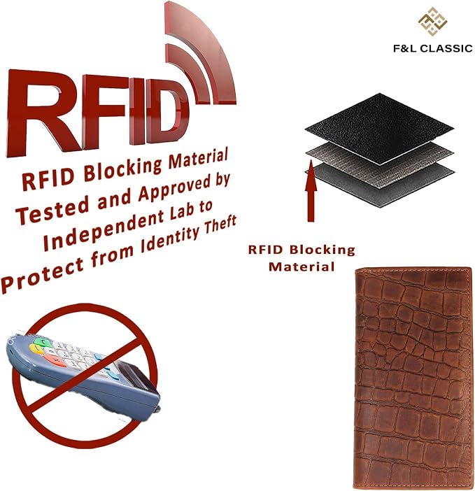 F&L CLASSIC Men's RFID Vintage Look Genuine Leather Long Bifold Wallet Checkbook Wallets,Crocodile style brown,240-70 - Image 7