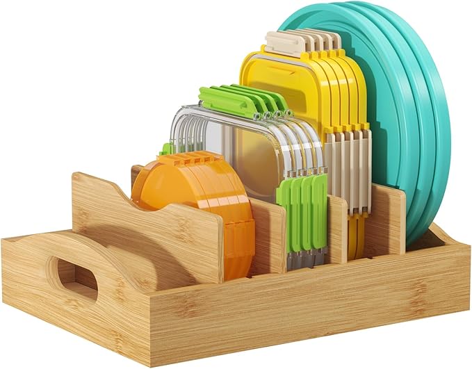 Lifewit Bamboo Lid Organizers for Inside Cabinet with 5 Sections | Food Container Lid Holder with 4 Adjustable Inserts, Kitchen Pantry organizer and storage, 10.6" X 8.3", Natural by Lifewit
