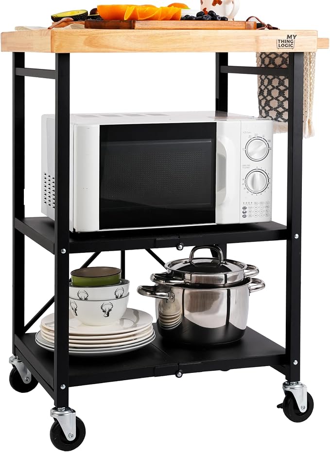 Mythinglogic Foldable Kitchen Storage Cart, 3-Tier Rolling Cart with Solid Oak Top, Heavy-Duty Metal Utility Rack for Microwave, Pots, Dish Set, Meal Prep Area, Kitchen Island on Lockable Wheels by Mythinglogic