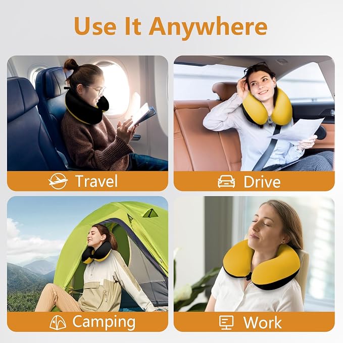 Travel Pillow, Memory Foam Neck Pillow for Traveling, U Shape Airplane Portable Flight Pillow Adult Travel Neck Pillow for Plane Train Car Home Office (Black * Yellow) - Image 7