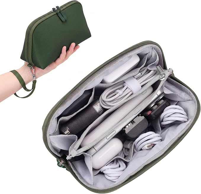 FYY Travel Cable Organizer - 8 Compartments, Lightweight, Water Repellent | With Wrist Strap, Portable Tech Pouch for Cord Charger, Travel and Business Trips Use, Soft Shell Nylon, Green (Medium) by FYY