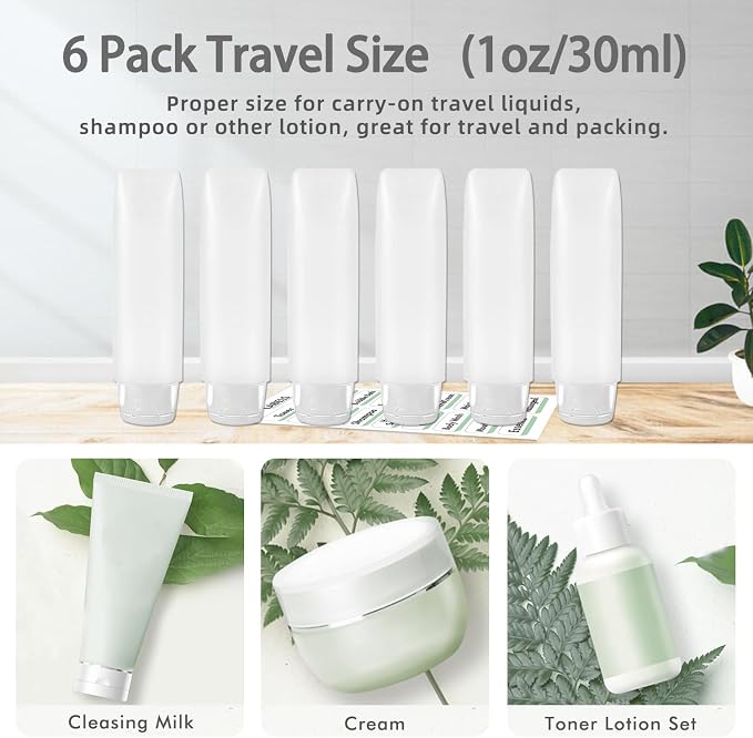 6 Pcs 1 oz Travel Size Toiletries Refillable Travel Bottles, Squeeze Travel Toiletry Bottles with Labels for Toiletry Makeup Travel Containers - Image 3