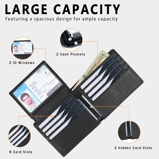 Travelambo Genuine Leather Wallet for Men with Gift Box - Handmade Bifold Stylish - Mens Wallets Rfid Blocking with 2 ID Windows - Image 5