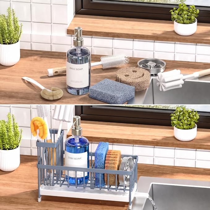 Cisily Sponge Holder for Kitchen Sink, Sink Caddy Organizer with High Brush Holder, Kitchen Countertop Organizers and Storage Essentials, Rustproof 304 Stainless Steel (Gray Blue, 9.25″) - Image 6