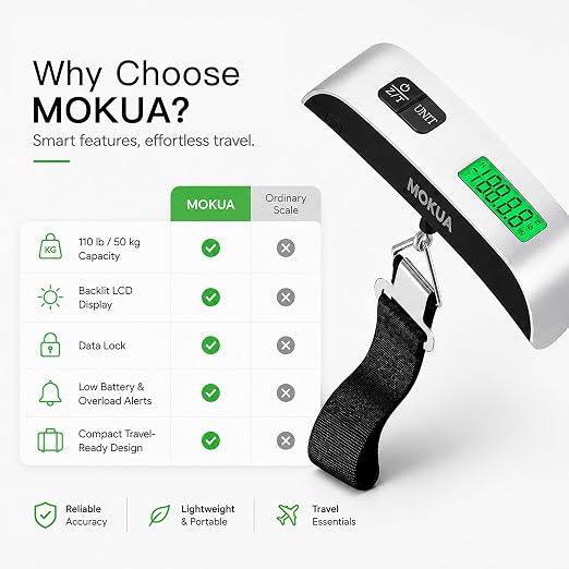 MOKUA Portable Digital Luggage Scale, 110lbs Hanging Baggage Scale with Backlit LCD Display, Portable Suitcase Weighing Scale, Travel Luggage Weight Scale with Hook - Image 11