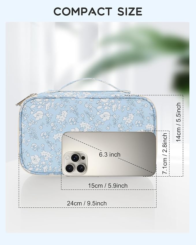 Relavel Small Makeup Bag, Floral Cosmetic Bag with Makeup Brush Compartment | Portable Makeup Pouch for Women, Double Layer Makeup Organizer Bag, Cute Travel Toiletry Bag - Image 4