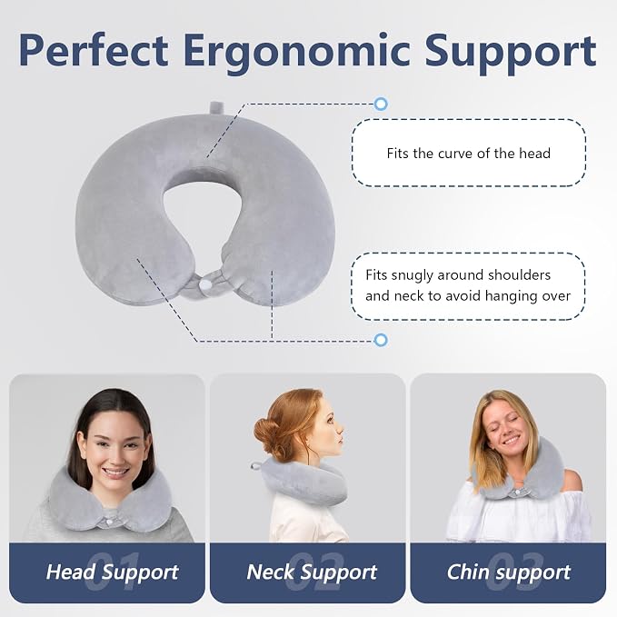 Travel Pillow, Memory Foam Neck Pillow for Traveling, U Shape Airplane Portable Flight Pillow Adult Travel Neck Pillow for Plane Train Car Home Office - Grey - Image 4