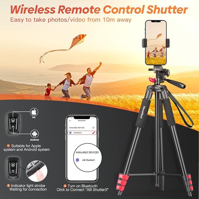 65" Phone Tripod Stand for iPhone Camera Wireless Remote & Holder | 574g Ultra-Lightweight 65" Height. Max Load 4.4lb. 360° Pan Head for Vlogging. Includes Bluetooth Remote & Tripod Carry Bag - Image 4