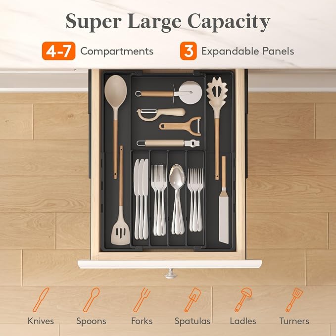 Lifewit Expandable Silverware Drawer Organizer, Utensil Tray for Kitchen | BPA Free Flatware Cutlery Holder, Adjustable Plastic Storage Spoons Forks Knives, 8.9-14.3 x 11.3-19.4 x 1.7", Black - Image 3