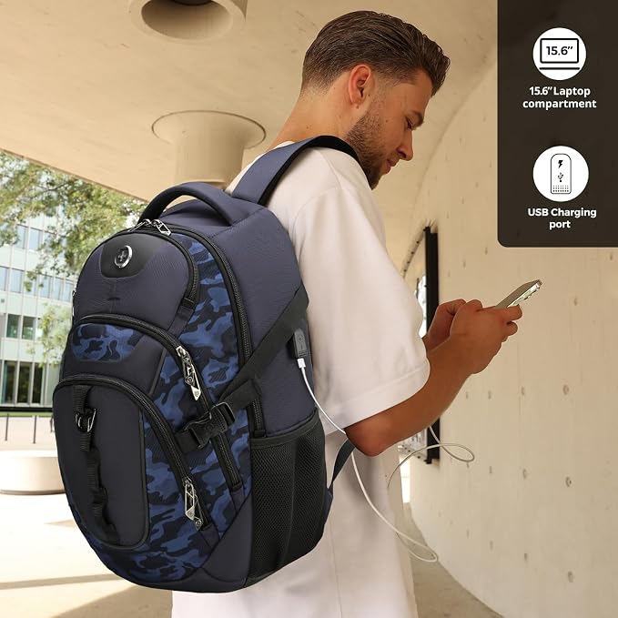 Swissdigital Design Laptop Backpack with USB Charging Port, Travel Backpack Fits 15.6 inches Computer, 31L College School Backpack for Men, Blue Camo | SD803-92 - Image 2