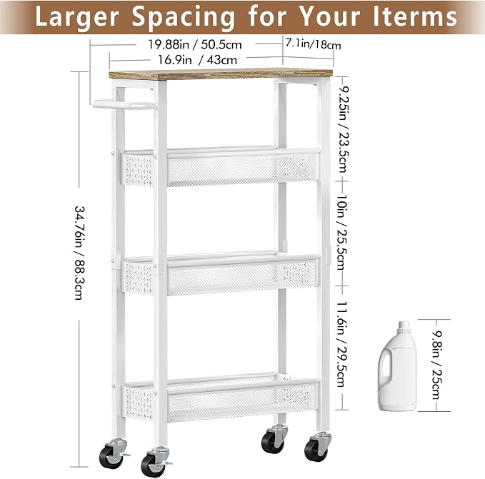 Utility Slim Rolling Storage Cart, 4-Tier Narrow Metal Organizer with Wood Top, 7.1" Width Utility Cart for Kitchen, Bathroom, Laundry Room, Small Spaces, White - Image 7