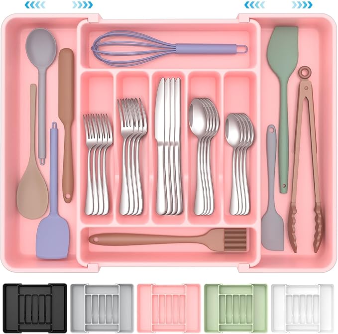 ukeetap Extra Large Expandable Silverware Organizer, Flatware Tray, Pink | BPA-Free Food-Safe Kitchen Utensil Cutlery Drawer Organizer, Adjustable Silverware Holder for Spoons Forks Knives by ukeetap