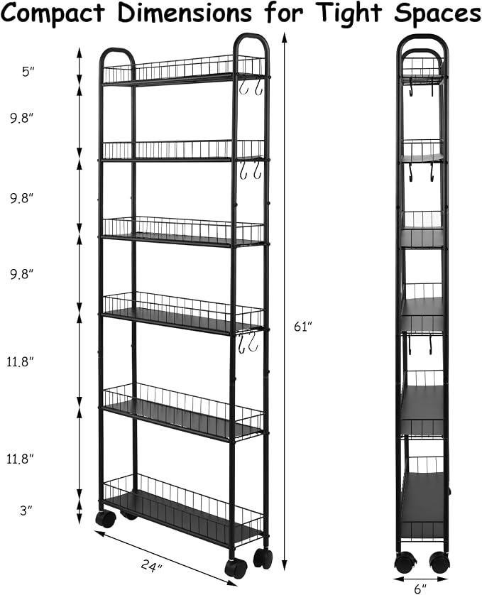 6-Tier Slim Rolling Storage Cart with Wheels, Tall Narrow Storage Shelves for Small Spaces, Metal Utility Cart Mobile Shelving Unit on Wheels for Kitchen, Bathroom, Office - Image 4