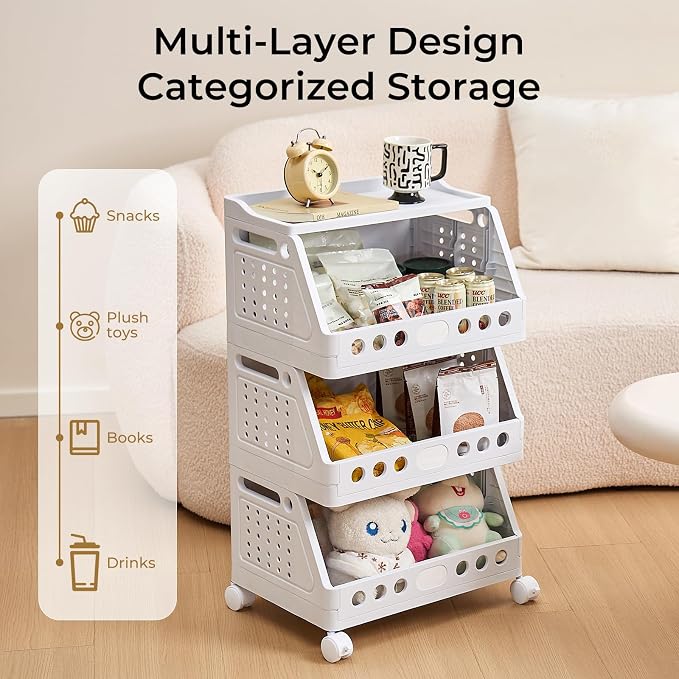 UFORU 3 Tier Rolling Storage Cart,Plastic Open Storage Basket with Wheels | Rolling Storage Shelf for Kitchen,Bathroom,Bedroom and Living Room,Versatile Home Organization for Books,Toys - Image 2