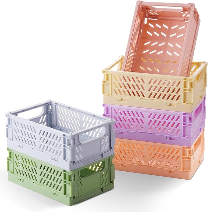 HUUSMOT 6-Pack Collapsible Small Plastic Storage Baskets, 5.9"x3.8"x2.2" | Pastel, Space-Saving, Collapsible Plastic Bins, Cute Mini Storage Crates, for Classroom, Kitchen, Office, Bedroom by HUUSMOT