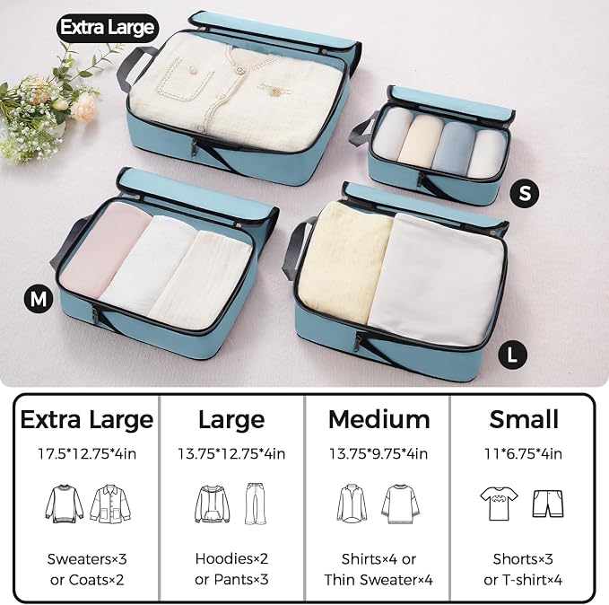 BAGAIL 4 Set/6 Set/8 Set Compression Packing Cubes Travel Accessories Expandable Packing Organizers (Cloth Pattern, 4-Dusty Blue) - Image 2