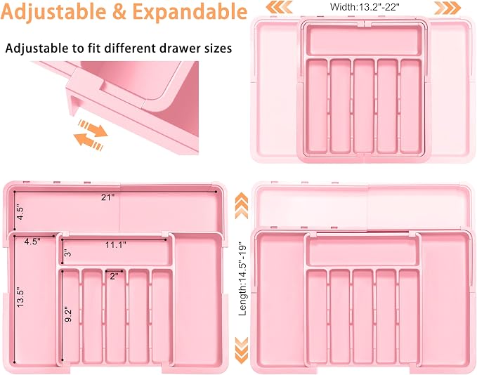Silverware Organizer Expandable Kitchen Utensil Drawer Organizer Large BPA Free Adjustable Cutlery Silverware Tray for Spoons Forks Knives Storage Divider for Kitchen Flatware 6-9 Slots Pink - Image 2
