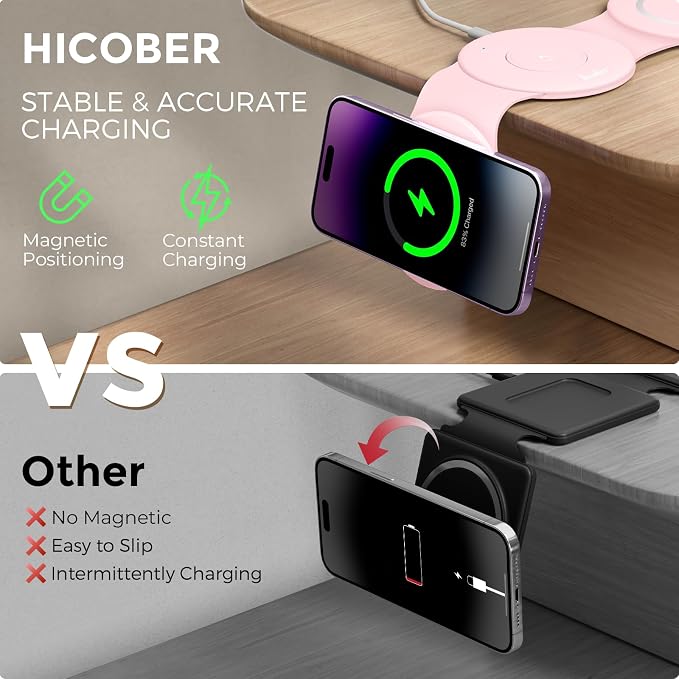 HICOBER 3-in-1 Wireless Charging Station for iPhone, Watch, AirPods, Pink | Charge 3 devices at once, foldable, case-friendly and ready for travel - Image 3