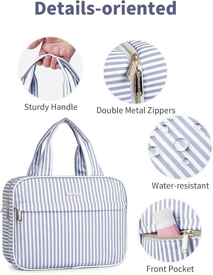 Narwey Striped Hanging Toiletry Bag for Women Travel Makeup Bag Cosmetic Make Up Organizer Toiletries Bag for Travel Essentials Accessories (Greyish Blue Stripe, Medium) - Image 4