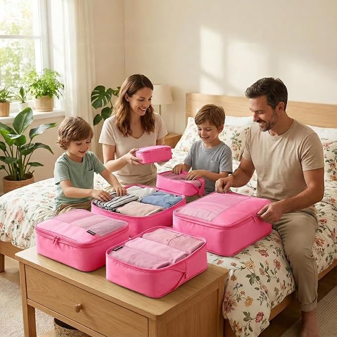 4 Piece Compression Packing Cubes for 3–7 Day Travel, Space Saving Travel Organizers with Breathable Mesh, Double-Zipper Packing Cubes for Carry-On & Suitcases (Pink) - Image 7