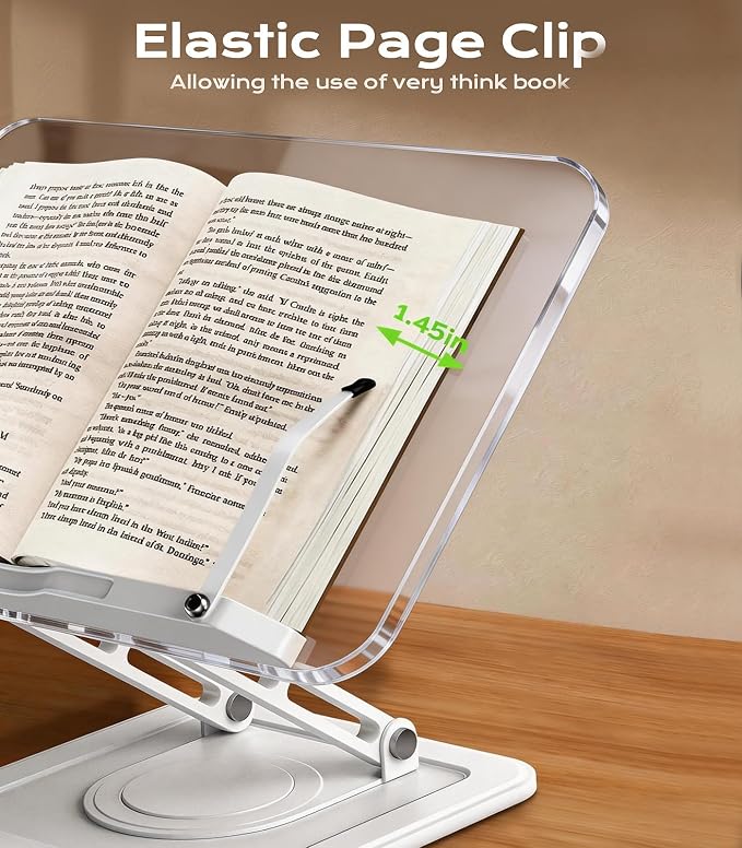 LOXP Ergonomic Book Stand for Reading, 360° Rotating Holder with Page Clip | Adjustable height angle, Hands-free, anti-slip base, Fits tablets cookbooks magazines laptops, wood and metal, Acrylic White - Image 5
